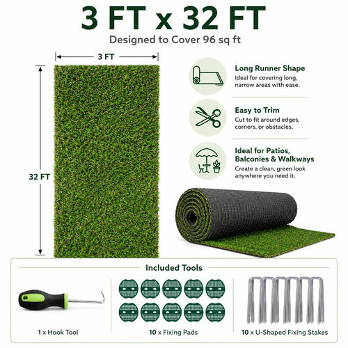 Outdoor Artificial Grass Roll - 0.7" Pile Height, 3 ft x 32 ft
