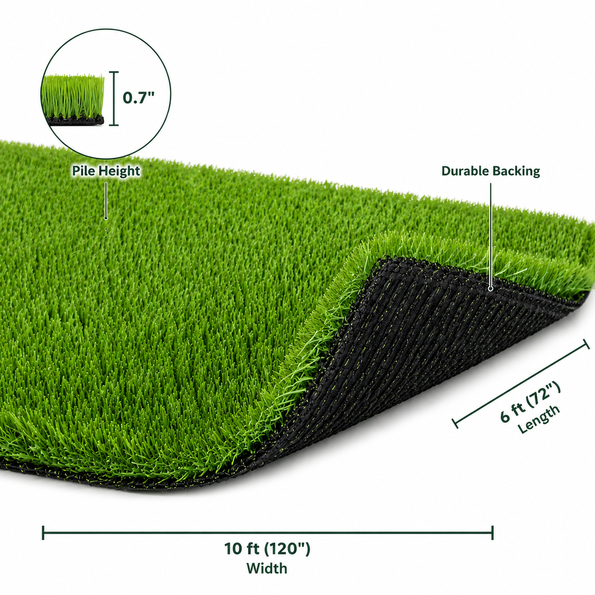 Outdoor Artificial Grass Roll - 0.7" Pile Height, 6 ft x 10 ft, Non-Adhesive Backing