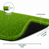 Outdoor Artificial Grass Roll - 0.7" Pile Height, 6.5 ft x 15 ft, Non-Adhesive Backing